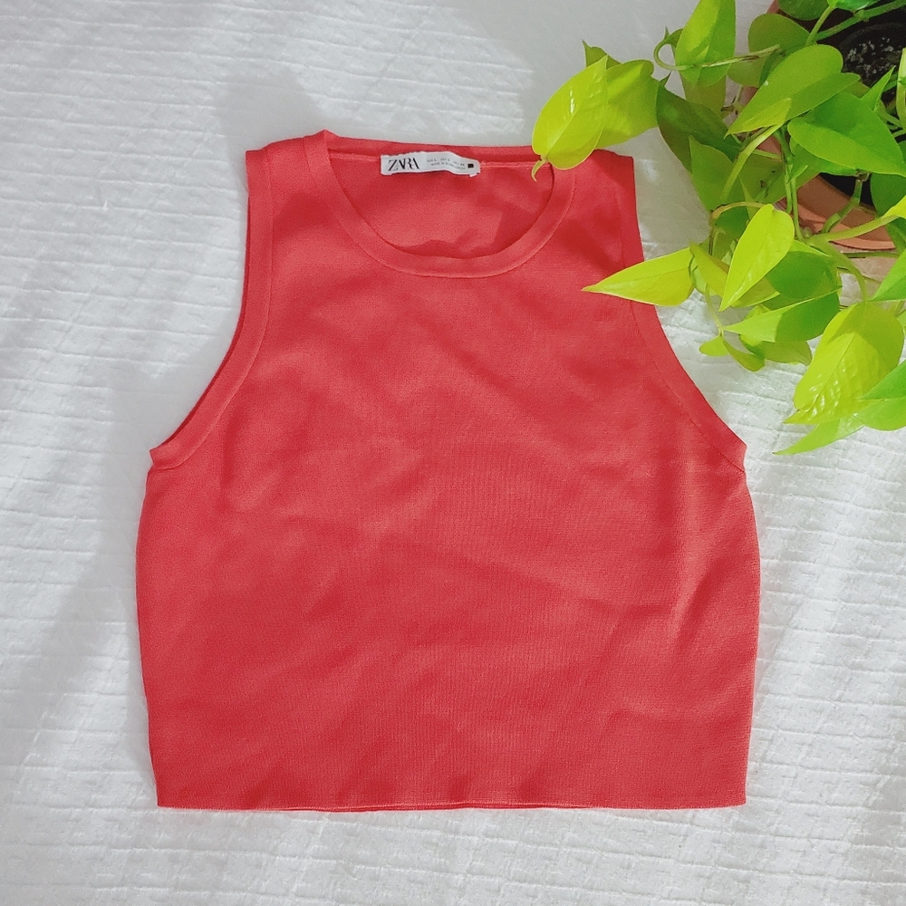 Zara Coral Red Sleeveless Women's High Scoop Neck Semi Crop Top